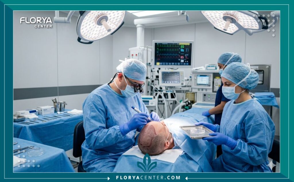 لقطة واقعية احترافية من داخل غرفة العمليات في عيادة لزراعة الشعر في تركيا، تظهر الطاقم الطبي يستخدم أحدث الأجهزة لتقنية FUE في بيئة معقمة.