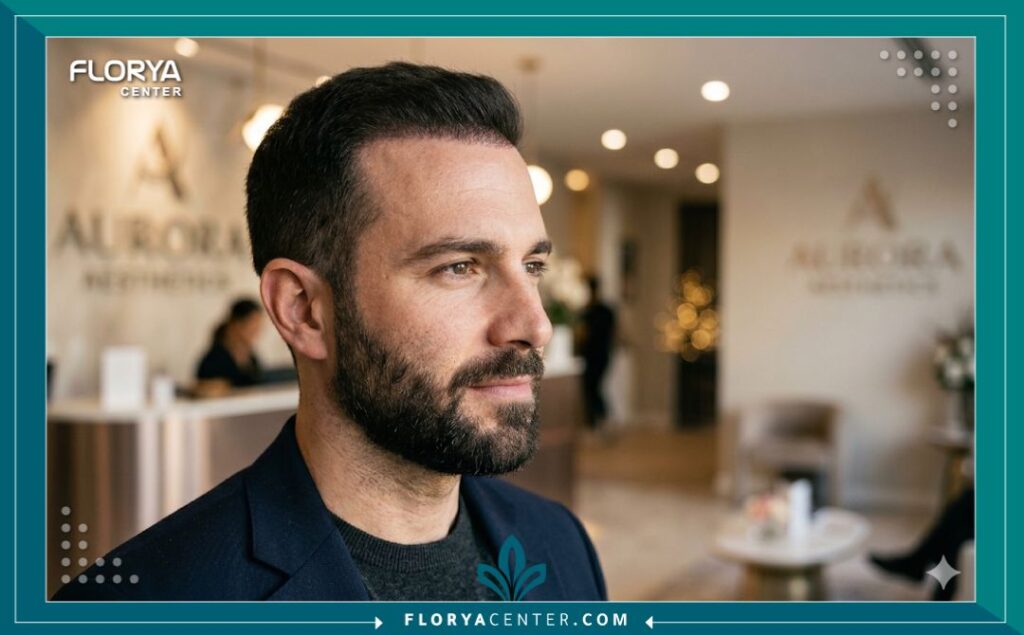 صورة عن قرب لنموذج رجل يُظهر نتائج زراعة الشعر الكثيفة والطبيعية بالاقتطاف FUE في منطقة الخط الأمامي، مع إضاءة جمالية ناعمة.