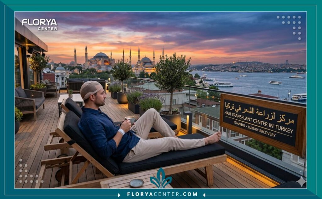 مشهد بانورامي لغروب الشمس في اسطنبول من شرفة عيادة فاخرة لزراعة الشعر، يظهر مريضاً يسترخي بعد العملية مع إطلالة على البوسفور والمعالم الشهيرة.