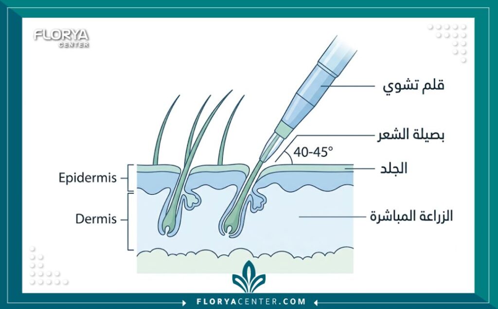 رسم تخطيطي طبي يوضح كيفية زراعة بصيلات الشعر مباشرة باستخدام قلم تشوي (DHI) في تركيا.