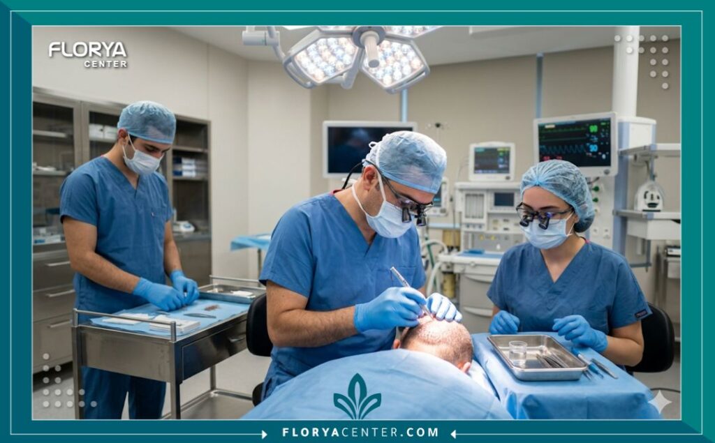 طاقم طبي متخصص يجري عملية زراعة شعر بتقنية DHI داخل غرفة عمليات معقمة ومجهزة بالكامل في إسطنبول، تركيا.