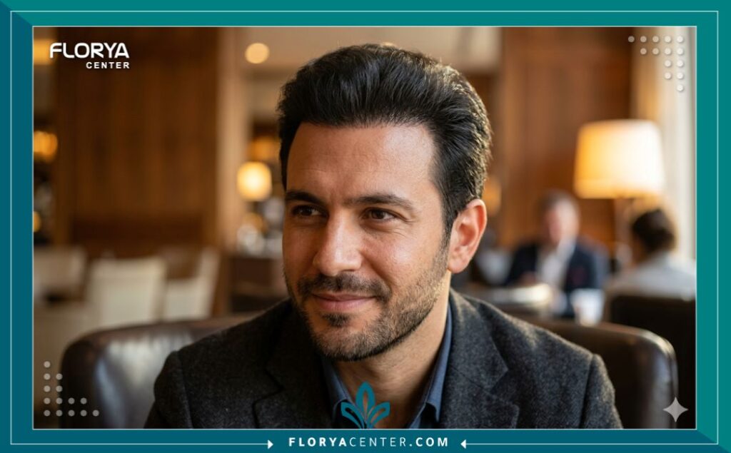 مظهر طبيعي وثقة متجددة لرجل بعد الحصول على كثافة شعر مثالية بفضل تقنية DHI في تركيا.