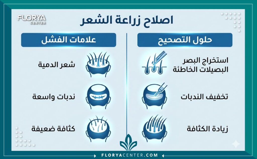 إنفوجرافيك يوضح مقارنة بين علامات عمليات زرع الشعر الفاشلة وتصحيحها (مثل مظهر شعر الدمية) وطرق تصحيحها الطبية المتاحة.