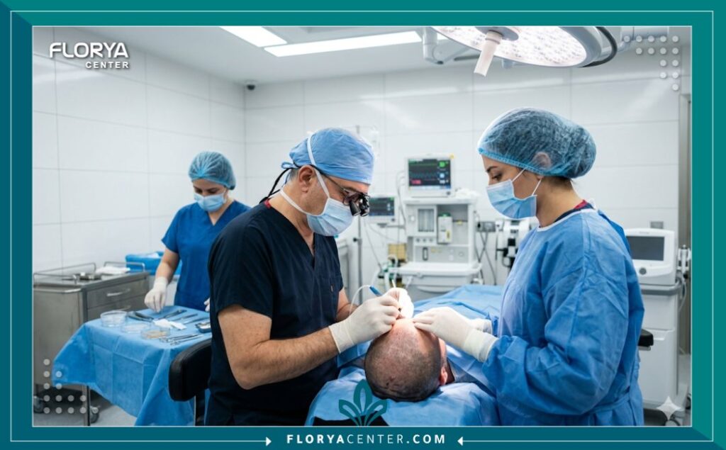 جراح تركي متخصص يقوم بإجراء عملية تصحيح دقيقة لزرع شعر فاشل باستخدام تقنية FUE داخل غرفة عمليات معقمة ومتطورة في اسطنبول.
