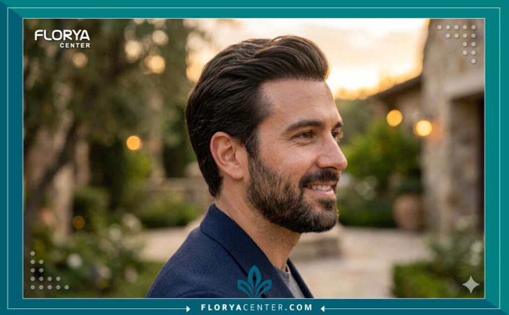 صورة جانبية لرجل يظهر خط شعر طبيعي تمامًا وكثيف بعد خضوعه لعملية ناجحة لتصحيح زراعة الشعر السابقة الفاشلة، مبرزة النتائج الجمالية النهائية.