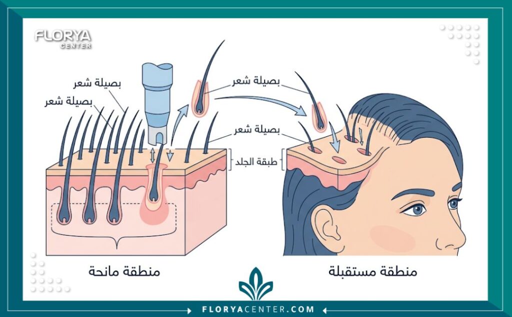 رسم تخطيطي طبي يوضح خطوات عملية زراعة الشعر بالاقتطاف للسيدات من المنطقة المانحة إلى المستقبلة