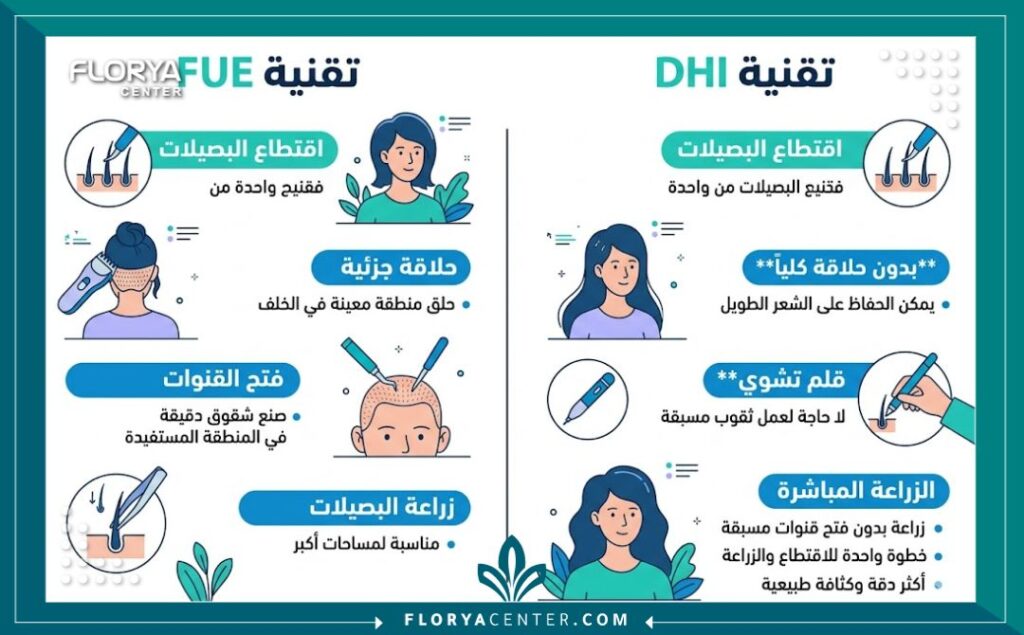 انفوجرافيك مقارنة بين تقنية FUE وتقنية DHI لعمليات زرع الشعر للسيدات والميزات الرئيسية لكل تقنية.