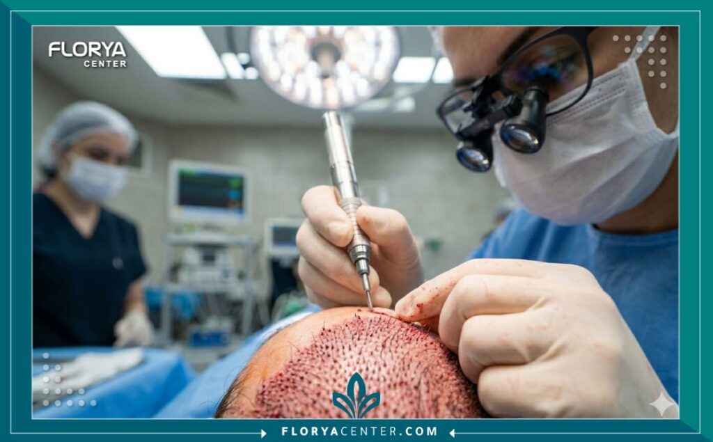 طبيبة متخصصة تقوم بإجراء عملية زراعة شعر دقيقة لسيدة داخل غرفة عمليات معقمة واحترافية.