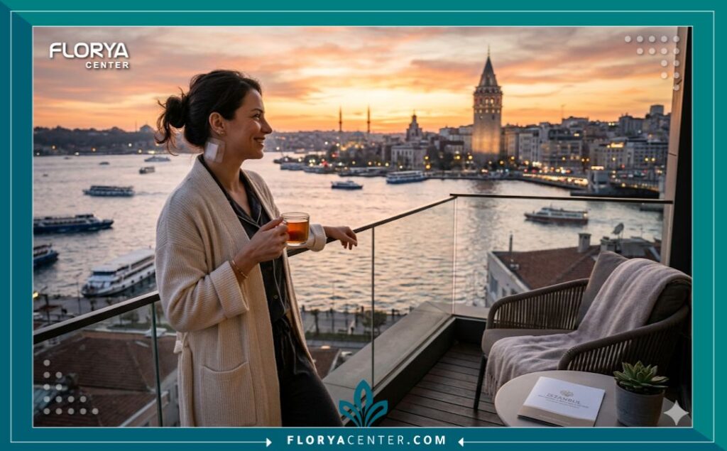 سيدة تتعافى وتستمتع بمنظر البوسفور في اسطنبول بعد خضوعها لعملية زراعة الشعر، ضمن رحلة السياحة العلاجية في تركيا.