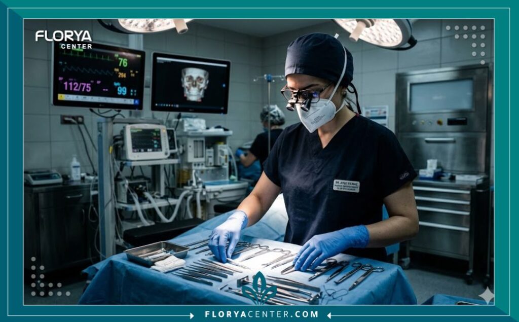 صورة داخل غرفة عمليات معقمة في مستشفى تركي، تُظهر جراحة تجميلية احترافية، تركز على الدقة والنظافة لعملية رأب الشفرين.