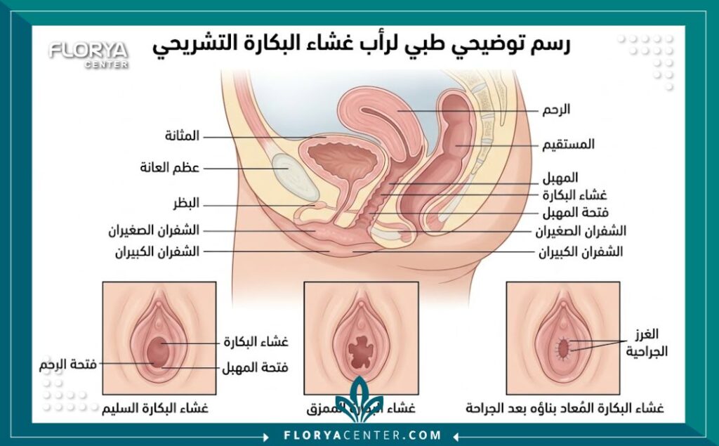 رسم تخطيطي طبي يوضح تشريح غشاء البكارة والتقنية المستخدمة في عملية الترقيع الدائمة
