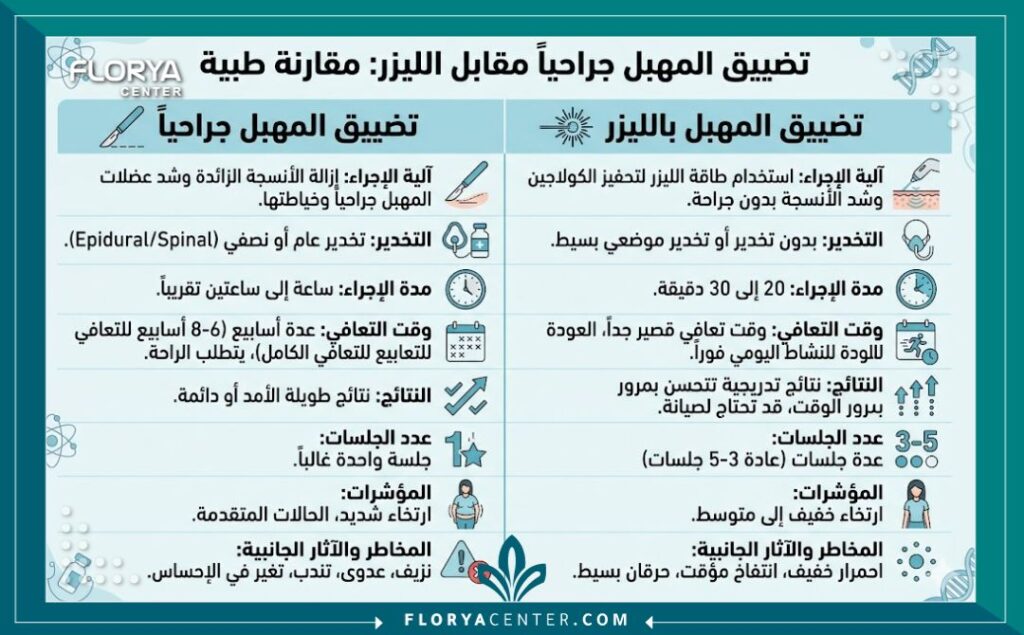 إنفوجرافيك يقارن بين تضييق المهبل جراحياً وبالليزر في مراكز التجميل بتركيا.