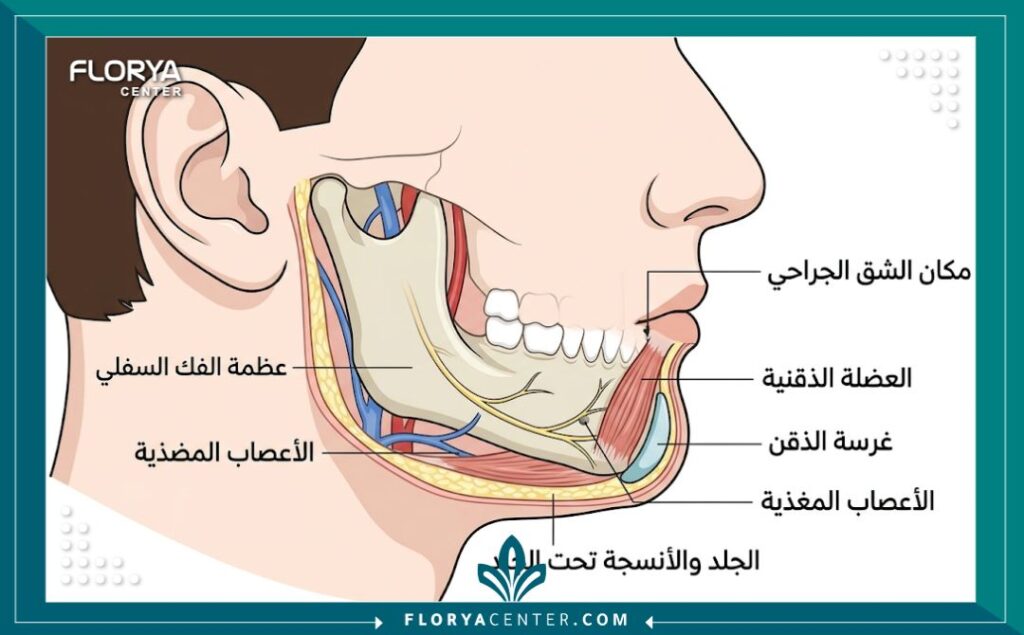 مخطط طبي تشريحي يوضح مكان وضع غرسة الذقن فوق عظمة الفك السفلي وتحت العضلات، مع تسميات دقيقة باللغة العربية لعناصر الوجه.