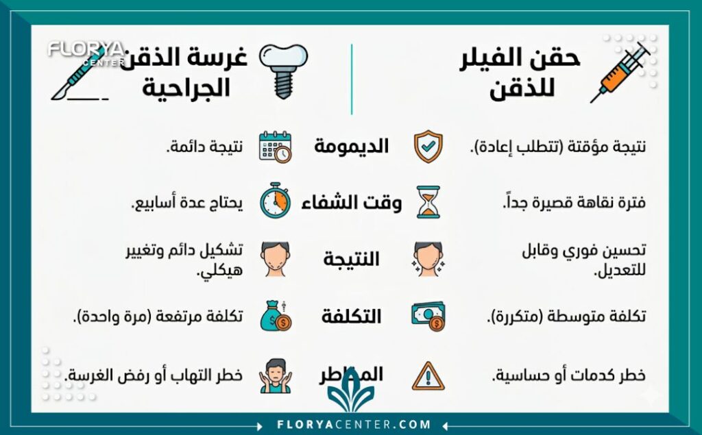 انفوجرافيك مقارنة بين عملية زراعة الذقن الجراحية وحقن الفيلر غير الجراحي، يوضح الاختلافات في الديمومة، وقت الشفاء، والنتائج، باللغة العربية.
