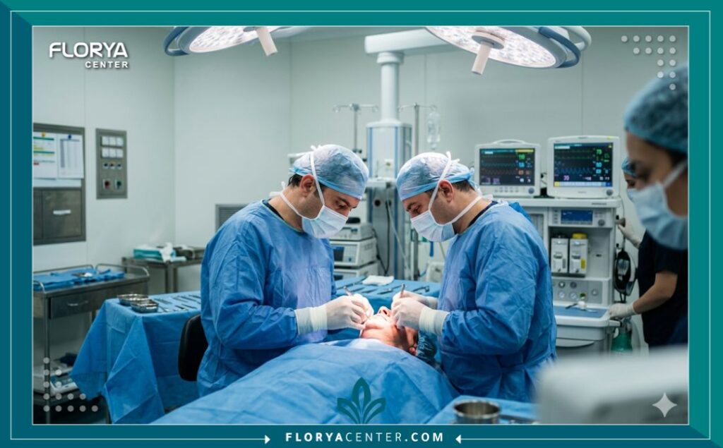 لقطة واقعية من داخل غرفة عمليات معقمة في عيادة تجميل في إسطنبول، تظهر فريقاً جراحياً مؤهلاً يقوم بإجراء عملية زراعة ذقن لرجل، تحت إضاءة طبية ساطعة.