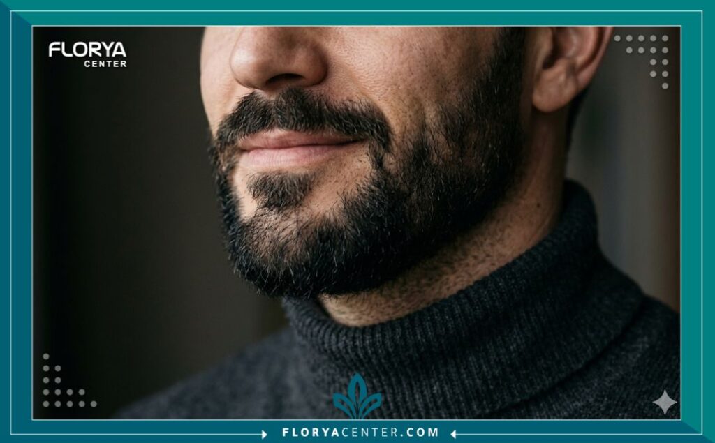 صورة مقربة تركز على تحديد الفك السفلي والذقن لرجل بعد عملية تجميل، تظهر نتائج طبيعية وجذابة، جراحة تحديد الوجه وتكثيف اللحية للرجال.