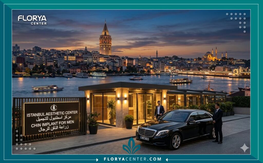 مشهد بانورامي لمدينة إسطنبول وقت الغروب مع برج غلاطة، يجمع بين جمال المدينة وواجهة مركز طبي مرموق متخصص في عمليات زراعة الذقن وتجميل الرجال.