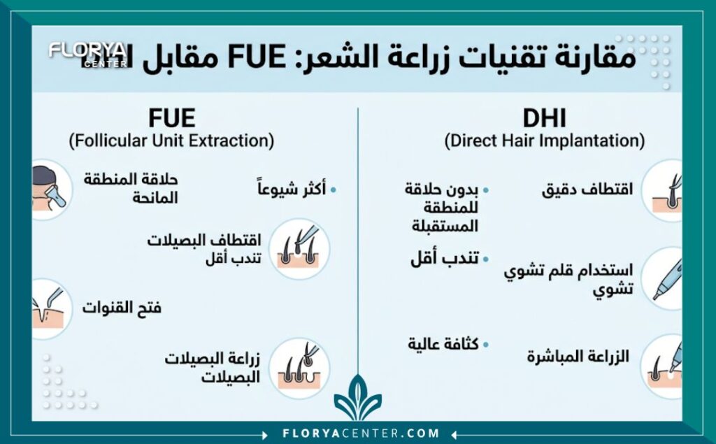 إنفوجرافيك يقارن بين تقنيتي زراعة الشعر FUE و DHI، يوضح الخطوات والمميزات لكل طريقة باللغة العربية، موجه لعملية زراعة الرأس بالكامل.