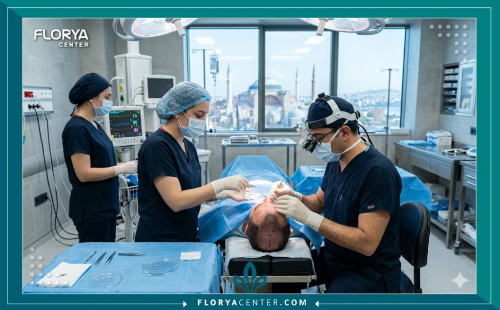 غرفة عمليات معقمة في مركز طبي مرموق في إسطنبول، فريق جراحي متخصص يقوم بعملية زراعة الشعر بالكامل (زراعة الرأس) لمريض، مع إطلالة على المدينة.