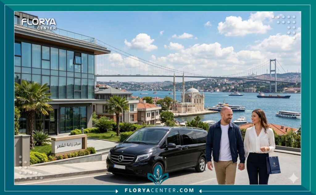 تجربة سياحة علاجية فاخرة في إسطنبول؛ مركز زراعة شعر متطور، سيارة ليموزين VIP للخدمة، وزوجين سعيدين بعد العملية مع إطلالة بانورامية على البوسفور ومسجد أورتاكوي.