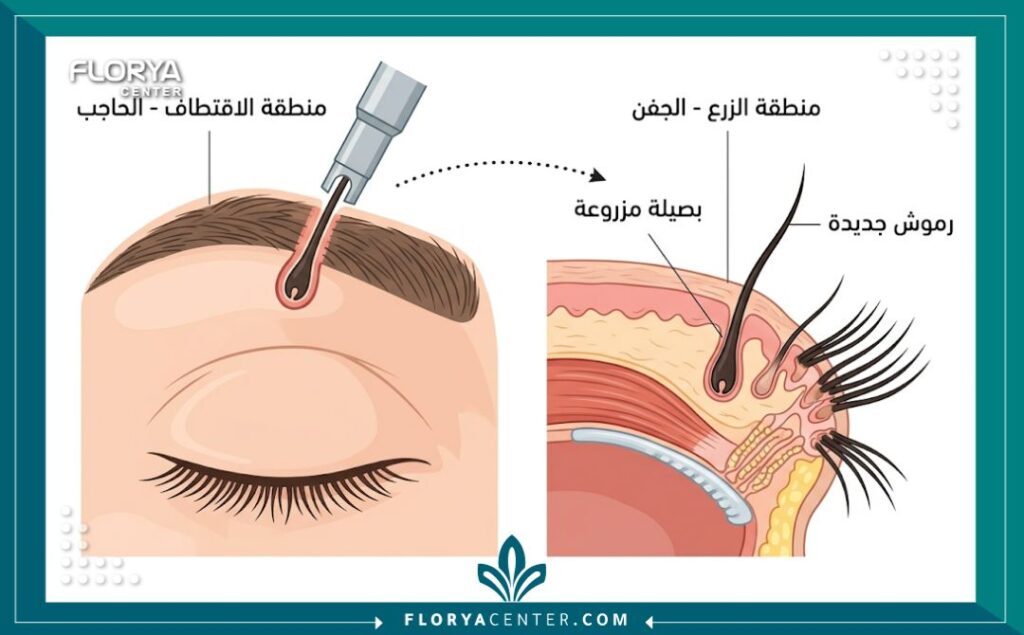 رسم توضيحي طبي يشرح خطوات عملية زراعة الرموش: اقتطاف بصيلات الشعر من الحاجب وزراعتها بدقة في الجفن العلوي.