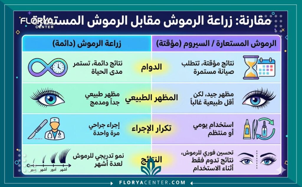 انفوجرافيك للمقارنة بين فوائد وخصائص زراعة الرموش الدائمة والرموش المستعارة أو السيروم المؤقتة.