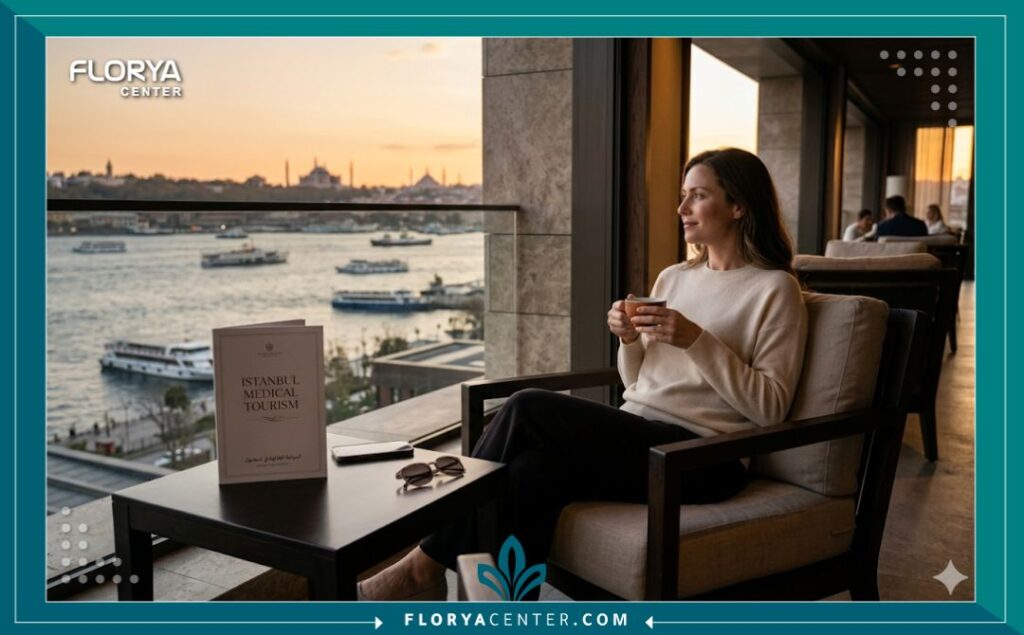 تجربة سياحة علاجية فاخرة في اسطنبول: امرأة تسترخي بعد إجراء عملية زراعة الرموش، مع إطلالة خلابة على مضيق البوسفور ومعالم المدينة عند الغروب.