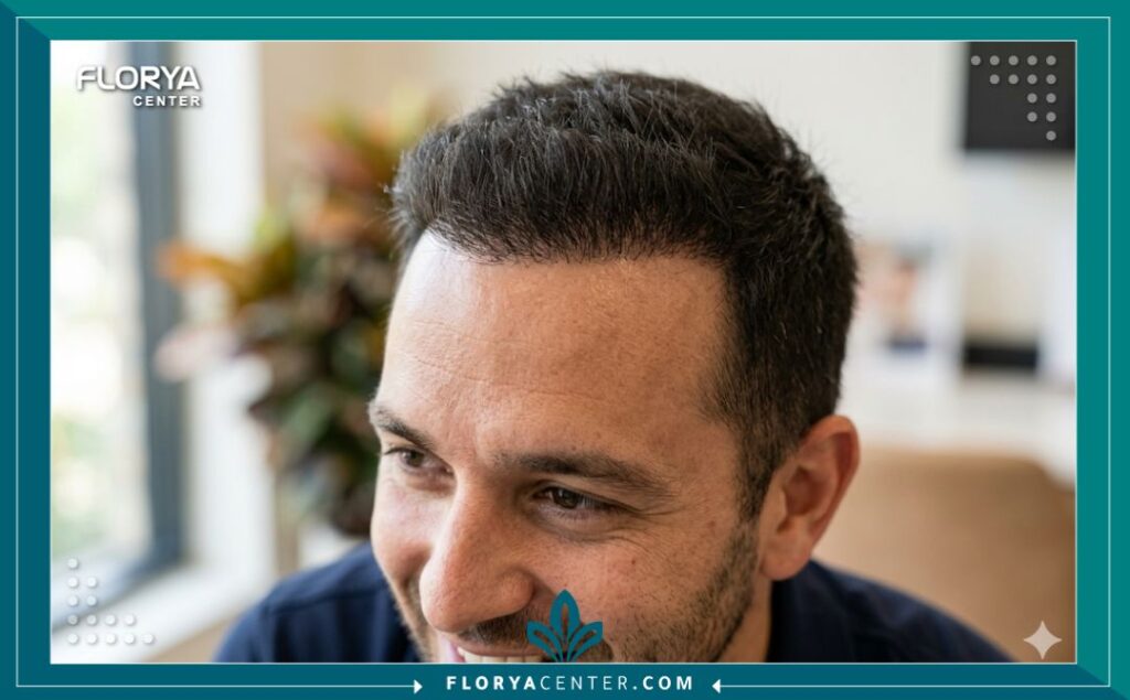 صورة مقربة تُظهر خط شعر طبيعيًا وكثيفًا على جبين رجل بعد عدة أشهر من إجراء عملية زراعة الشعر في تركيا، مع إضاءة جمالية تبرز النتائج الممتازة.