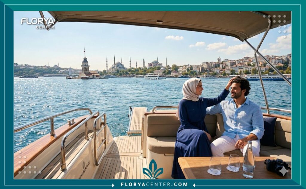 رحلة استشفاء سياحية في إسطنبول، تركيا، حيث يستمتع زوجان عربيان برحلة بحرية في البوسفور بعد نجاح عملية زراعة الشعر، مما يجمع بين العلاج والسياحة.