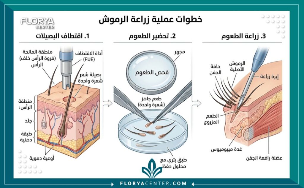 مخطط طبي يوضح مراحل عملية زرع الرموش، بدءاً من اقتطاف بصيلات الشعر من فروة الرأس خلف الأذن وحتى زراعتها بدقة في جفن العين.
