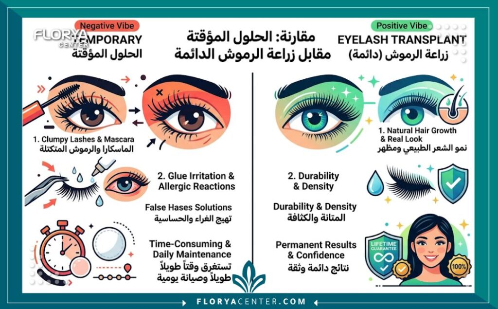 إنفوجرافيك يقارن بين عيوب الرموش الصناعية المؤقتة والمسكارا (تهيج، وقت، تكلفة متكررة) ومميزات عملية زرع الرموش (نتائج دائمة، مظهر طبيعي).