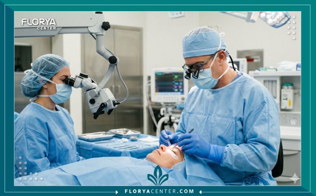 لقطة واقعية لغرفة عمليات معقمة حيث يقوم جراح تجميل متخصص بإجراء عملية زرع رموش دقيقة لمريضة في عيادة تجميل متطورة.