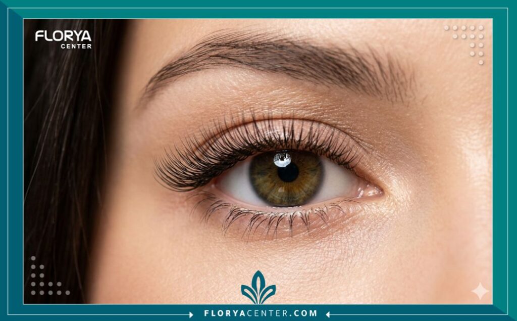 لقطة مكبرة جمالية تظهر التفاصيل الدقيقة والمظهر الطبيعي الجذاب للرموش المزروعة بعد الشفاء التام من العملية، بديل مثالي للرموش المستعارة.