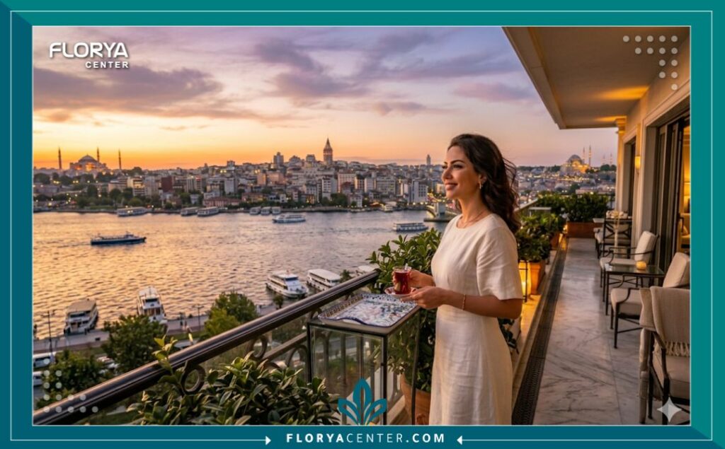 امرأة تستمتع برحلة نقاهة فاخرة في إسطنبول بتركيا مطلة على البوسفور، بعد خضوعها لعملية زرع الرموش الناجحة في أحد مراكز التجميل الرائدة هناك.