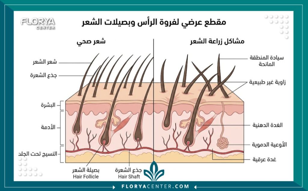 رسم تخطيطي طبي يوضح تشريح فروة الرأس ومشامل محتملة في نمو بصيلات الشعر المزروعة.