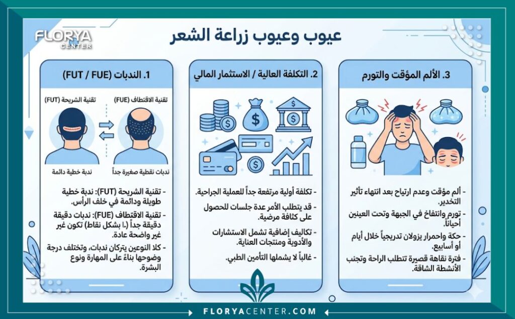 انفوجرافيك يوضح أبرز عيوب زراعة الشعر: التندب، التكلفة العالية، والألم المؤقت.