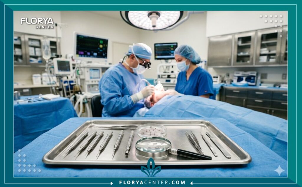 أدوات جراحية دقيقة لزراعة الشعر (FUE) داخل غرفة عمليات معقمة واحترافية.