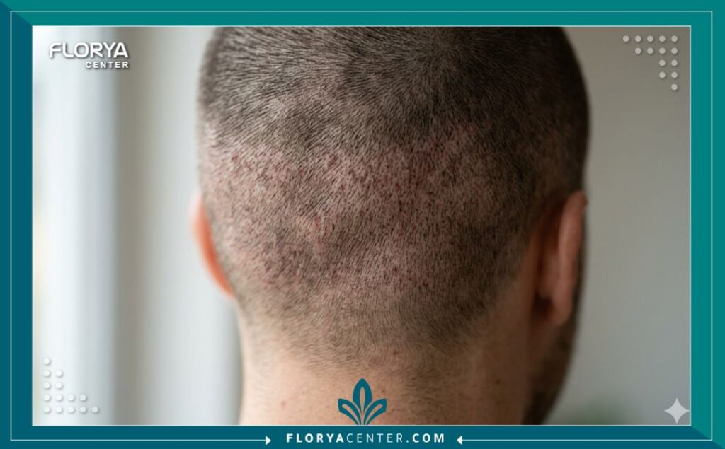 لقطة مكبرة تظهر آثار الندبات الدقيقة في المنطقة المانحة بعد عملية زراعة الشعر.