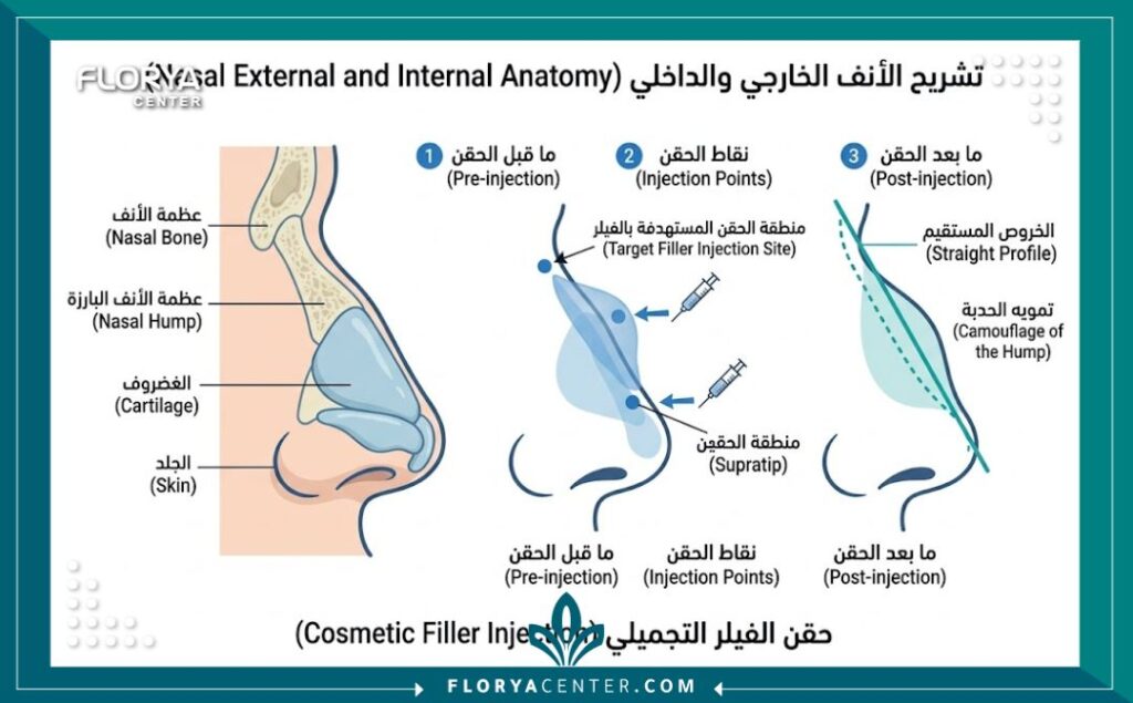 رسم تخطيطي تشريحي يوضح أماكن حقن فيلر الأنف لتصحيح العظمة البارزة وإخفائها
