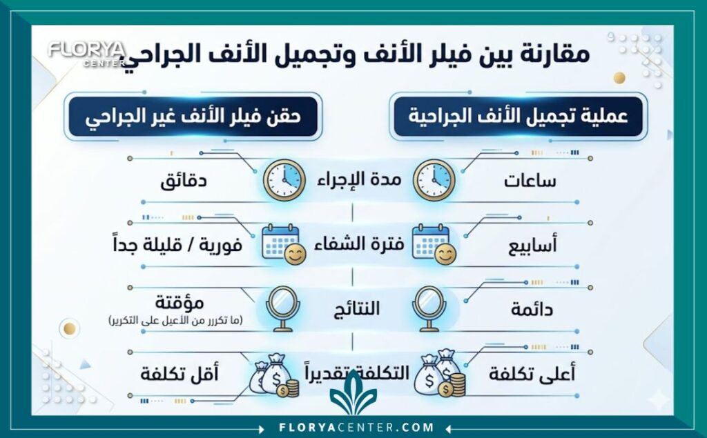 إنفوجرافيك مقارنة بين فيلر الأنف غير الجراحي وعملية تجميل الأنف الجراحية في تركيا