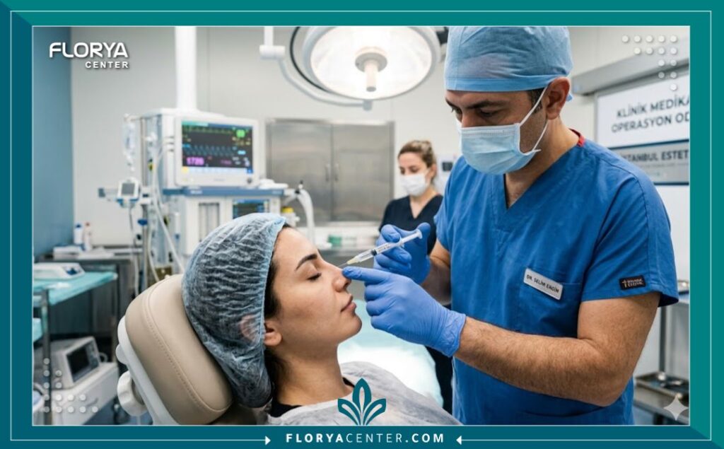 جراح تجميل تركي يقوم بحقن فيلر الأنف لمريضة داخل عيادة معقمة وحديثة في اسطنبول