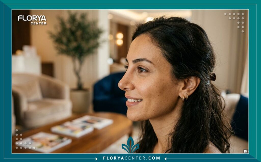 لقطة مقربة لجانب وجه امرأة بعد إجراء فيلر الأنف الناجح لتجميل وتصحيح العظمة في تركيا