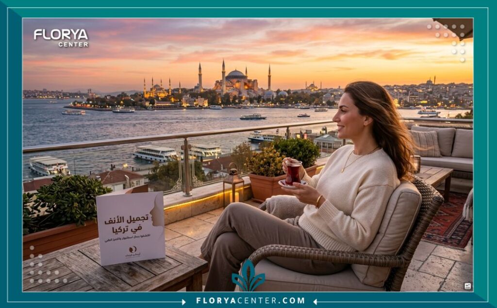 سائحة طبية تستمتع بمنظر البوسفور في اسطنبول بعد الخضوع لتجميل فيلر الأنف في تركيا