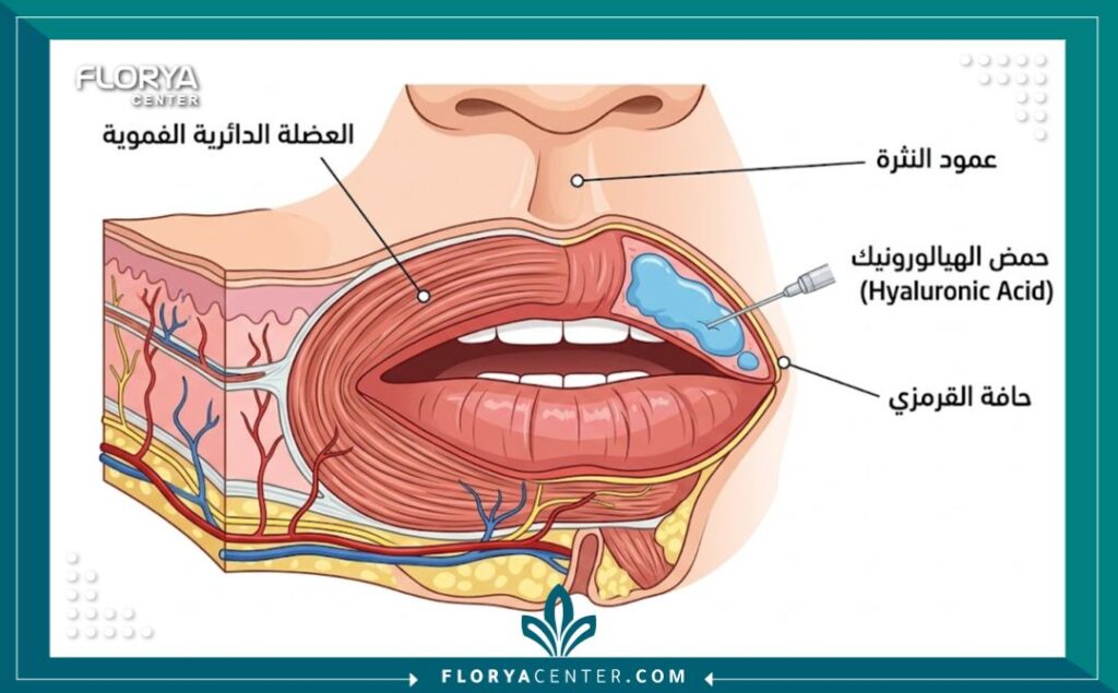 رسم توضيحي طبي يوضح تشريح الشفاه ومواقع حقن فيلر الشفايف بحمض الهيالورونيك