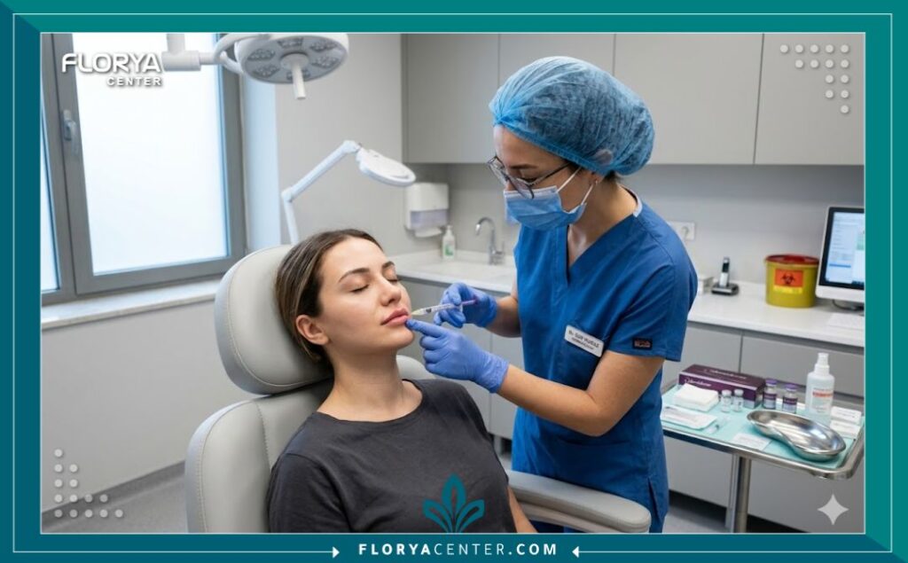 طبيبة تجميل تركية تقوم بحقن فيلر الشفايف لمريضة داخل عيادة معقمة وحديثة في اسطنبول