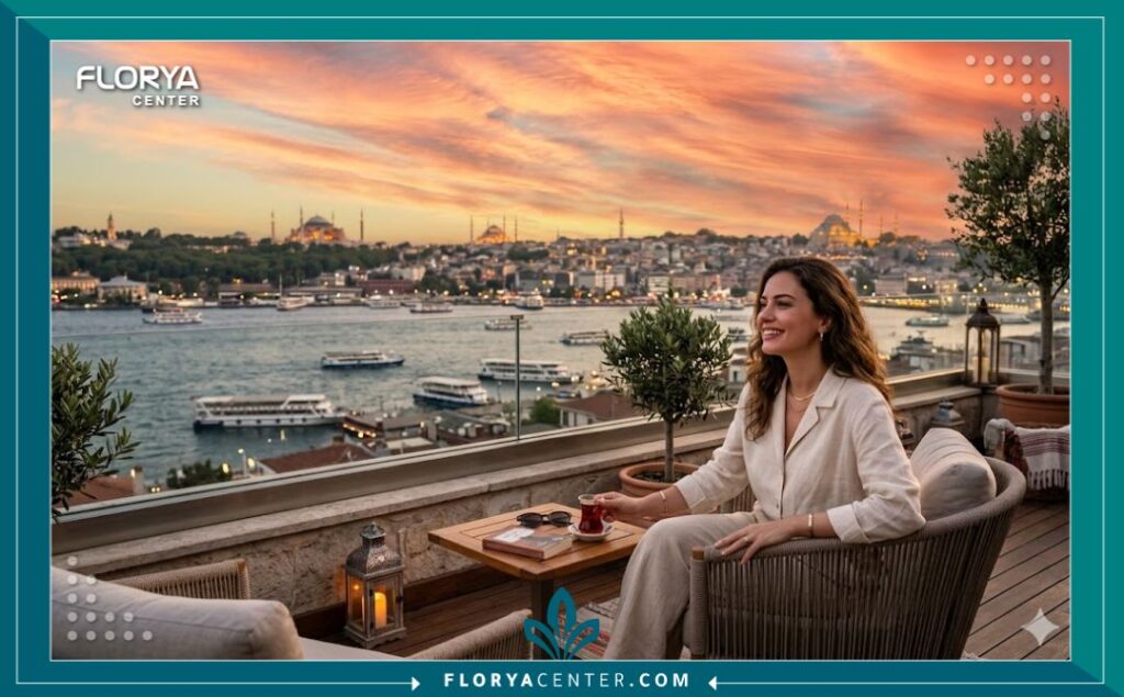 سياحة علاجية في تركيا: مريضة تستمتع بإطلالة البوسفور في اسطنبول بعد الانتهاء من فيلر الشفايف