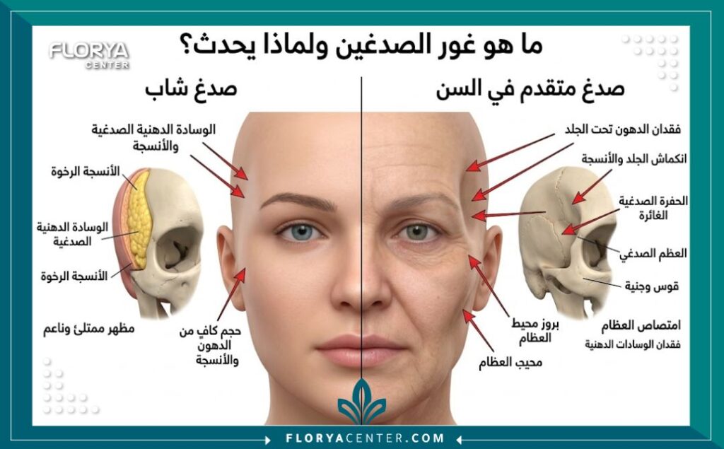 رسم تخطيطي طبي يشرح الفرق بين الصدغ الممتلئ والشاب والصدغ الغائر (Hollow Temple) بسبب التقدم في السن وفقدان الدهون، مما يسبب مظهر التعب.