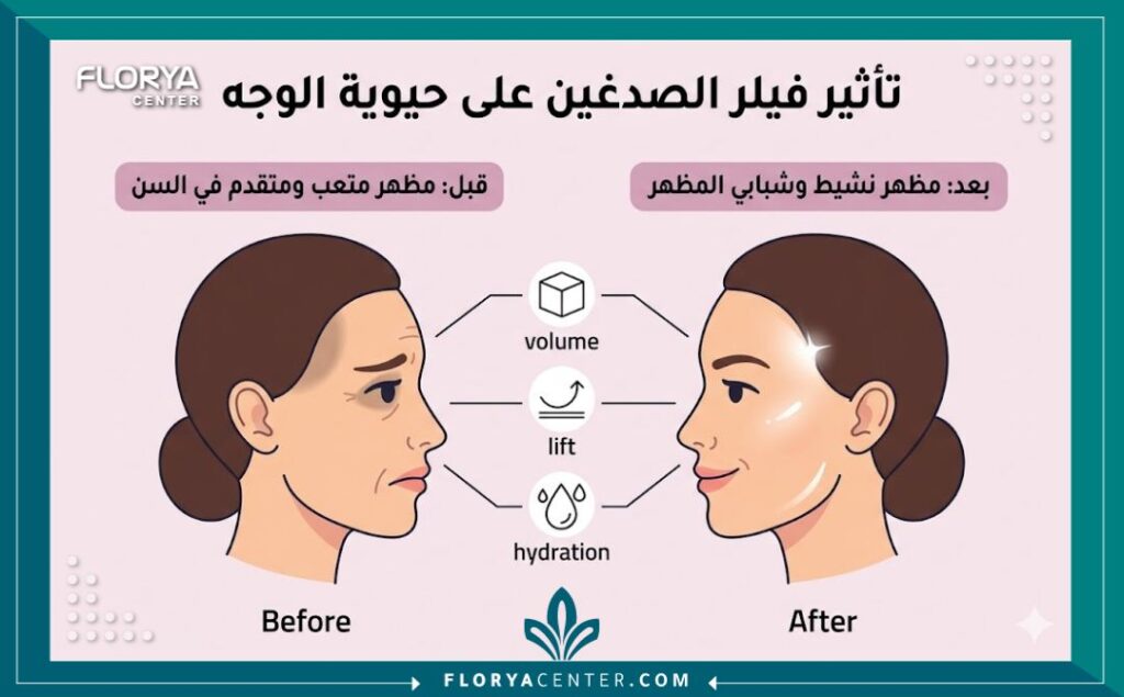 إنفوجرافيك يوضح مقارنة قبل وبعد فيلر الصدغين، وكيف يتحول مظهر الوجه من متعب وحزين إلى مظهر نشيط، ممتلئ، وأكثر شباباً وحيوية.