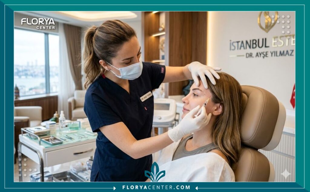 طبيبة تجميل في تركيا تقوم بتحضير المريض لحقن فيلر الصدغين بعيادة معقمة وحديثة، مع التركيز على الاحترافية والدقة في تحديد منطقة الحقن لغور الصدغين.