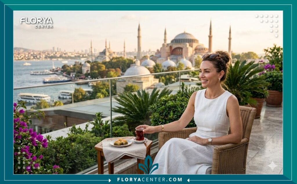 مريضة تستمتع بوقت النقاهة والاسترخاء في إسطنبول مع إطلالة على آيا صوفيا بعد إتمام عملية فيلر الصدغين بنجاح، مما يعكس تجربة السياحة العلاجية الفاخرة في تركيا.